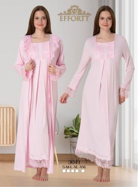 Effortt 3041 PEMBE Dantelli Sabahlıklı Lohusa Gecelik Takımı